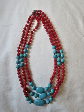 Coral and Turquoise Multi-Strand Beaded Necklace